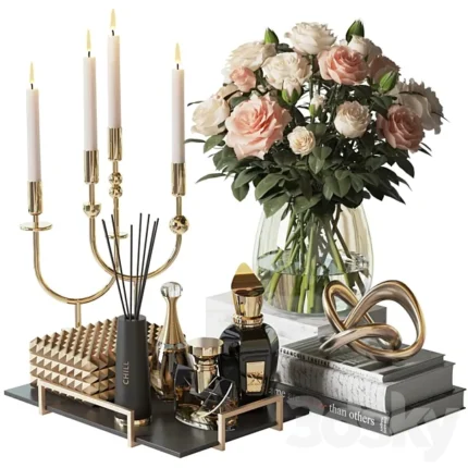 Decorative set with a bouquet of pink and white roses 3D Model