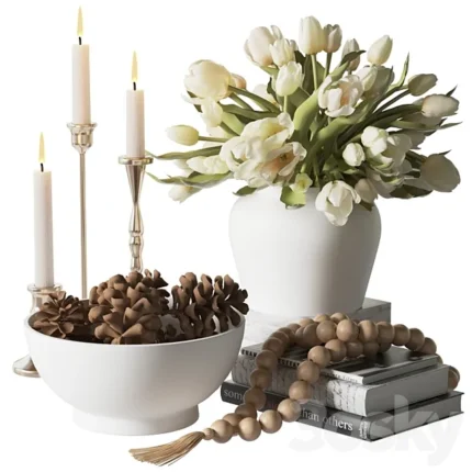 Decorative set with tulips in a white vase 3D Model